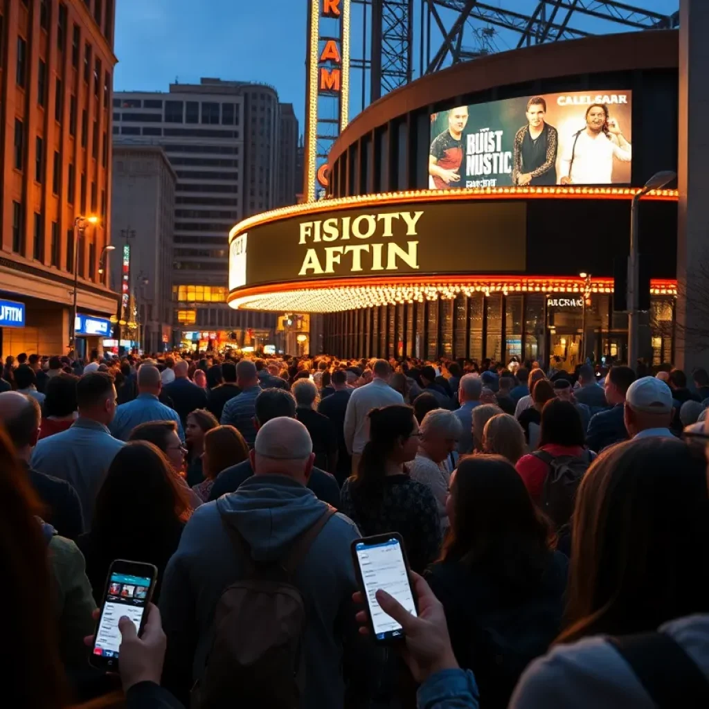 Crowd outside a Kansas City venue checking digital tickets on phones under marquee lights