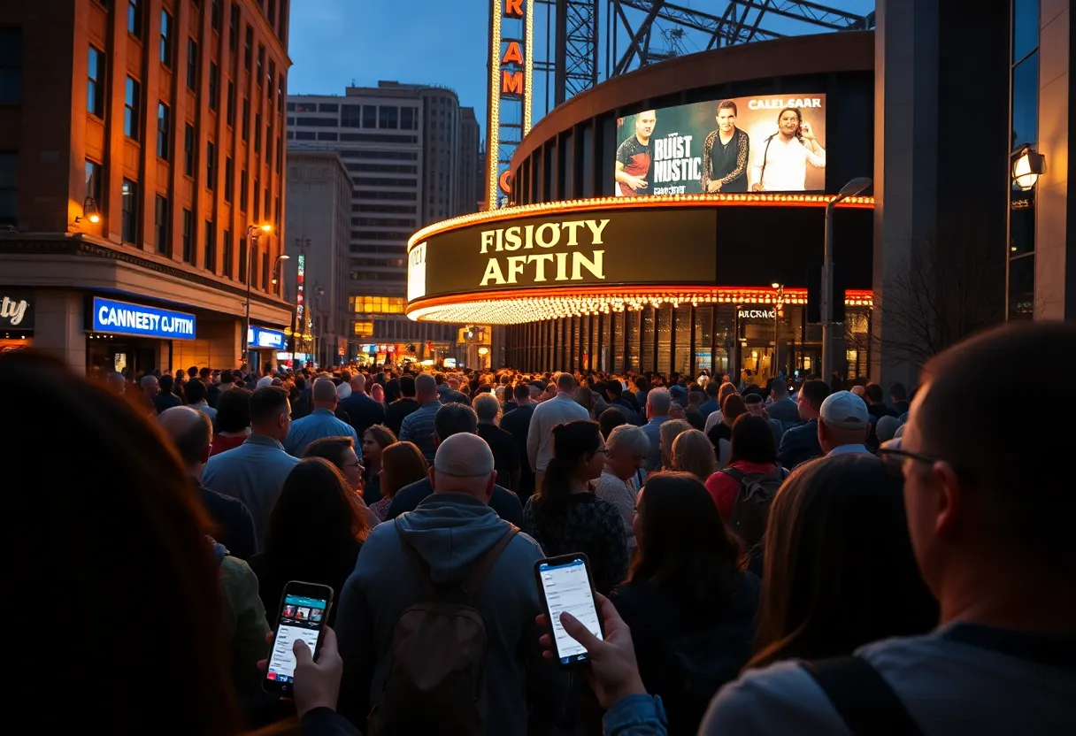 Crowd outside a Kansas City venue checking digital tickets on phones under marquee lights