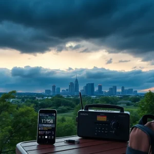 Kansas City skyline under storm clouds with smartphone showing weather alert and NOAA radio on a porch table