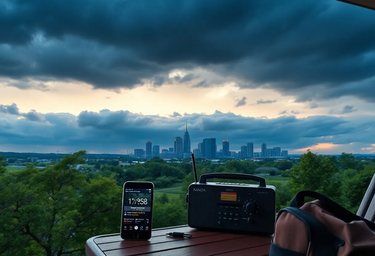 Kansas City skyline under storm clouds with smartphone showing weather alert and NOAA radio on a porch table