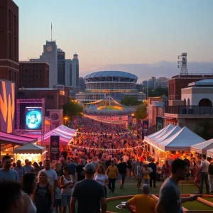 Crowd enjoying Kansas City weekend events with live music stages, festival stalls, and a distant medieval joust