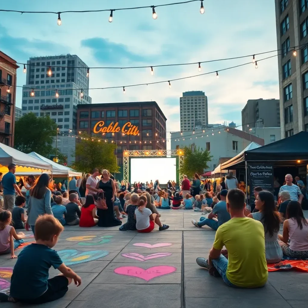 Crowd enjoying outdoor festival with colorful chalk art, food vendors, and outdoor movie in Kansas City at dusk