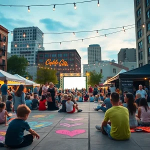 Crowd enjoying outdoor festival with colorful chalk art, food vendors, and outdoor movie in Kansas City at dusk