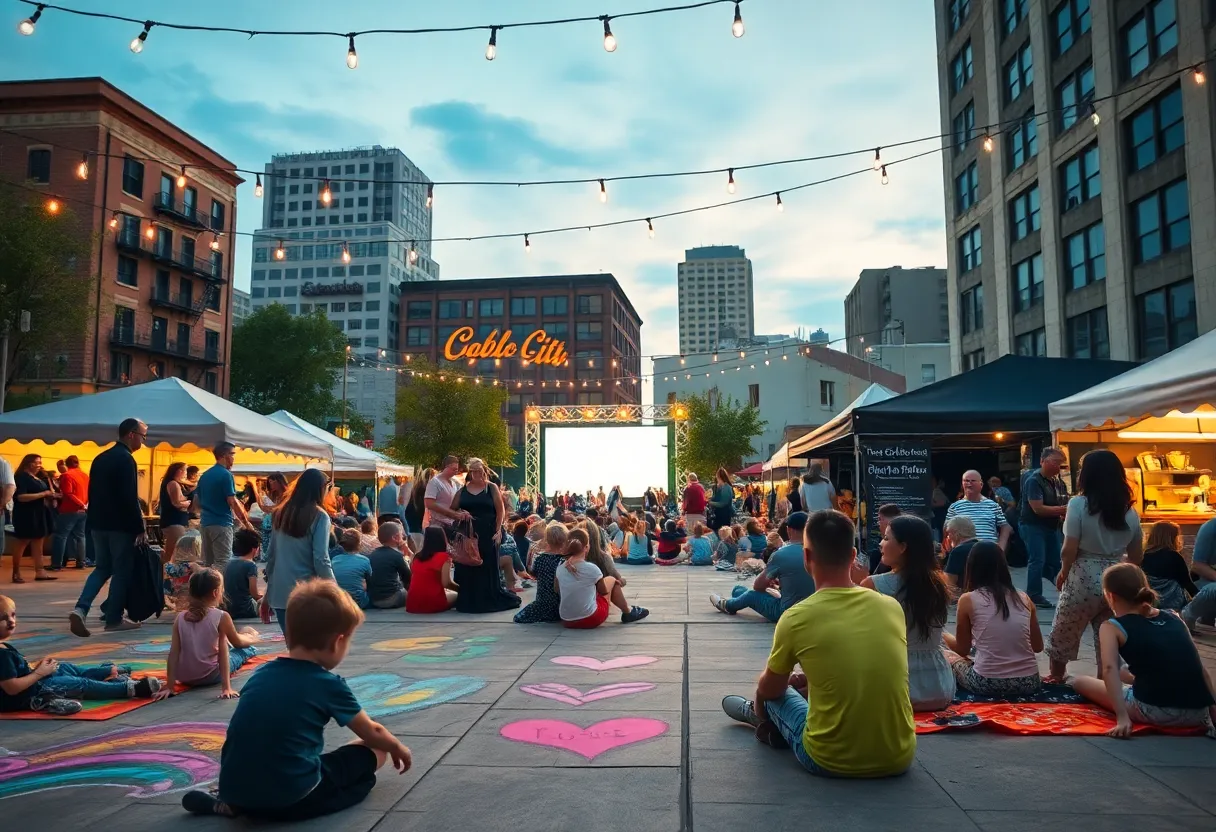 Crowd enjoying outdoor festival with colorful chalk art, food vendors, and outdoor movie in Kansas City at dusk