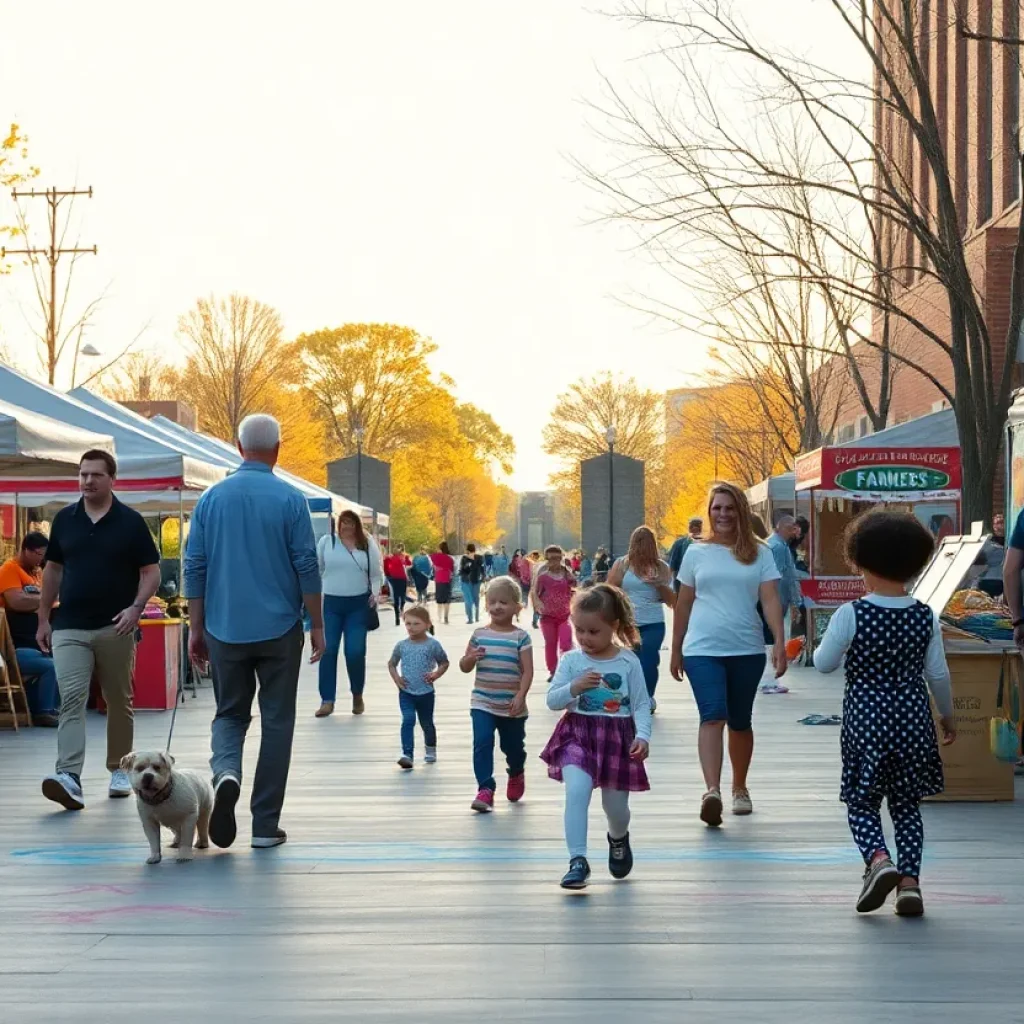 Morning farmers market and chalk art festival in Kansas City with families and colorful stalls