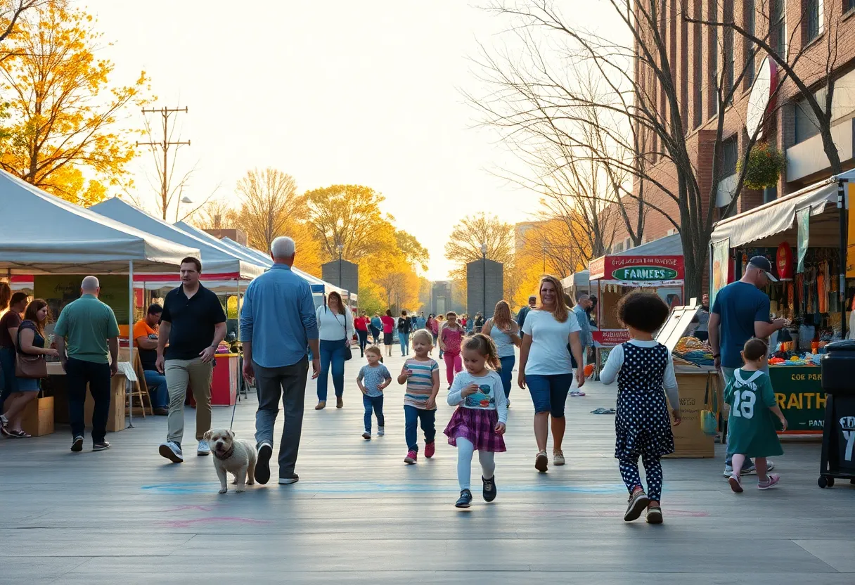 Morning farmers market and chalk art festival in Kansas City with families and colorful stalls