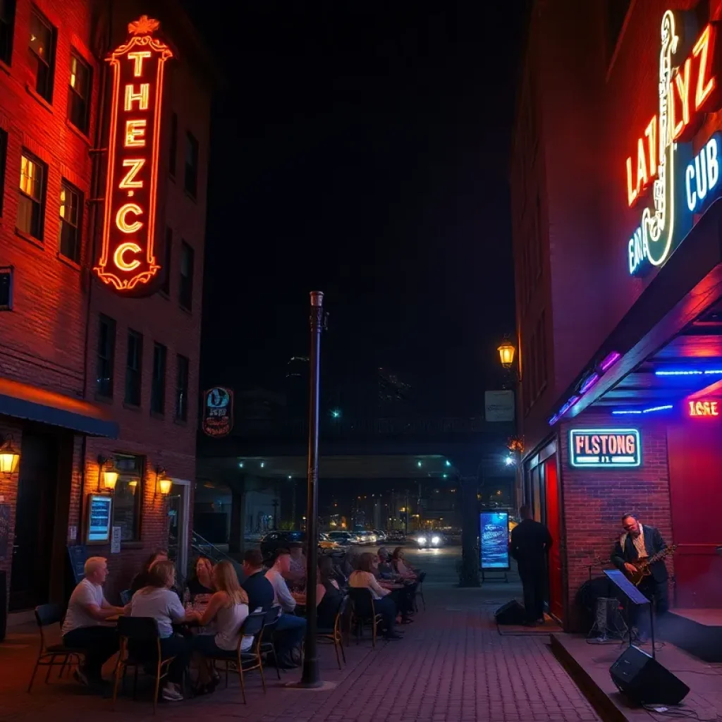 Intimate Kansas City jazz club interior with stage lighting, musicians in silhouette, and an engaged audience