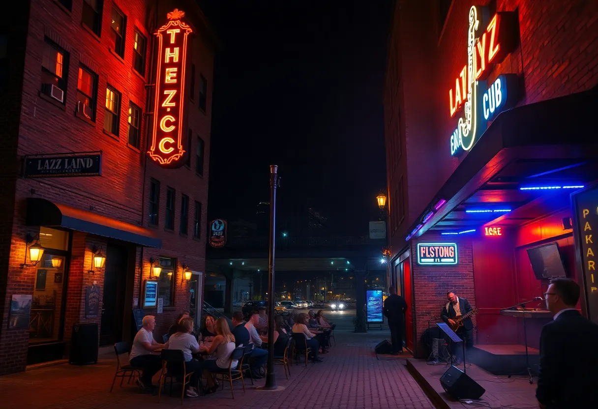 Intimate Kansas City jazz club interior with stage lighting, musicians in silhouette, and an engaged audience