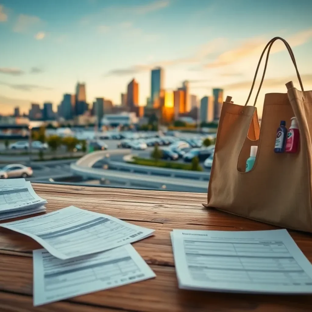 Kansas City skyline with tax documents, shopping bag of hygiene items, and cars at a dealership, representing Missouri tax changes