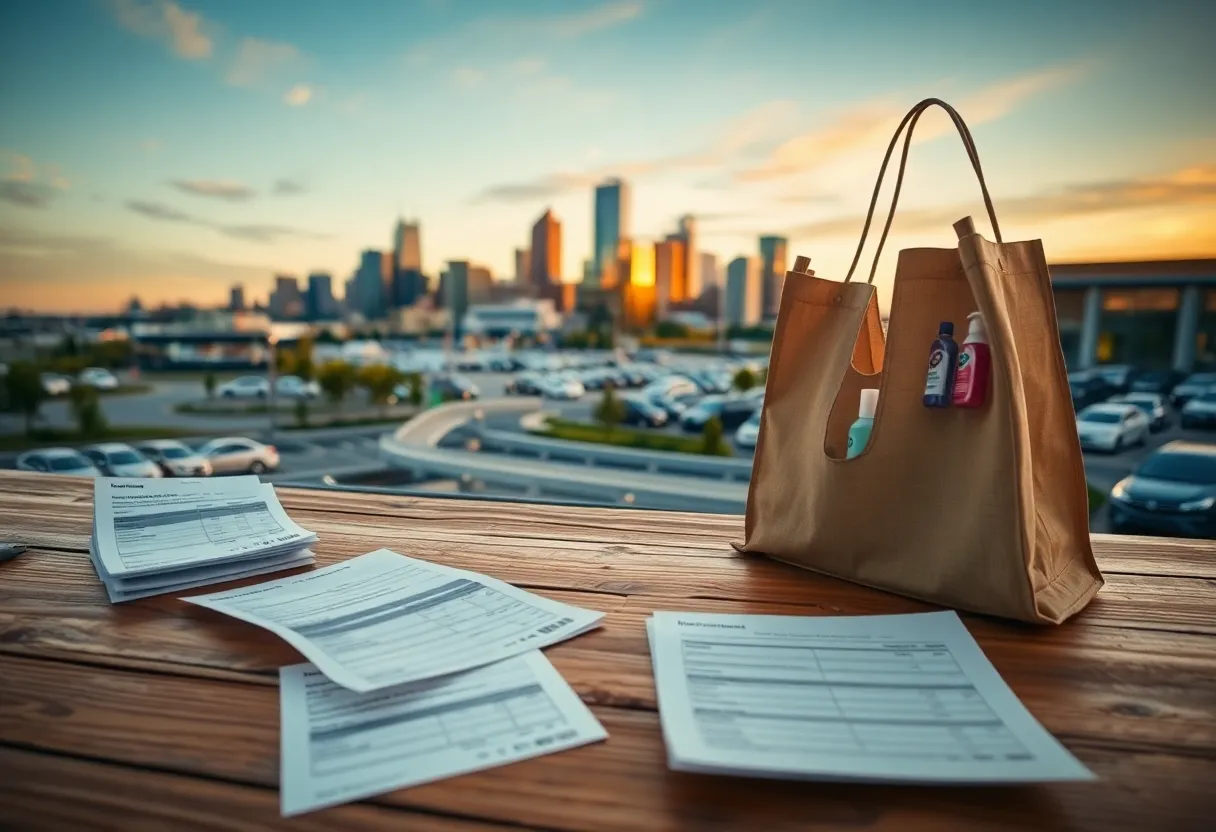 Kansas City skyline with tax documents, shopping bag of hygiene items, and cars at a dealership, representing Missouri tax changes