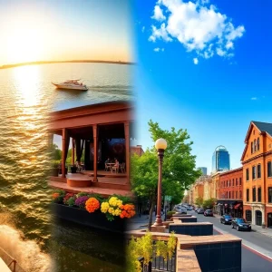 Collage of Lake of the Ozarks boat, Branson outdoor stage, Hermann winery street and St. Louis riverfront under sunny sky