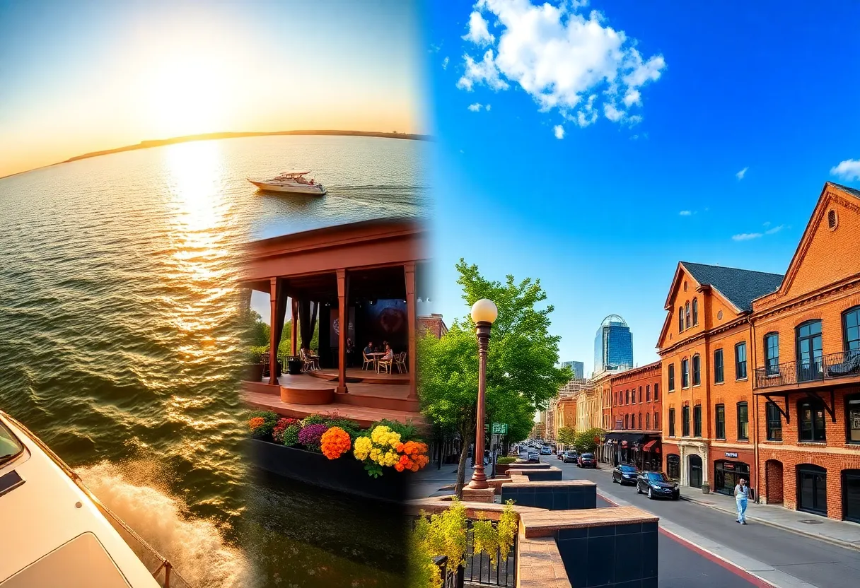 Collage of Lake of the Ozarks boat, Branson outdoor stage, Hermann winery street and St. Louis riverfront under sunny sky
