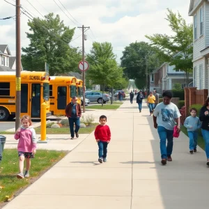 Pedestrians walking on a new sidewalk in the Chaumiere neighborhood of Kansas City