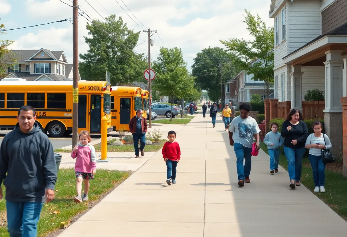 Pedestrians walking on a new sidewalk in the Chaumiere neighborhood of Kansas City