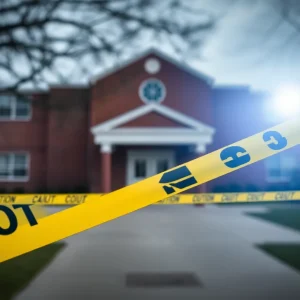 School building with caution tape symbolizing safety concerns