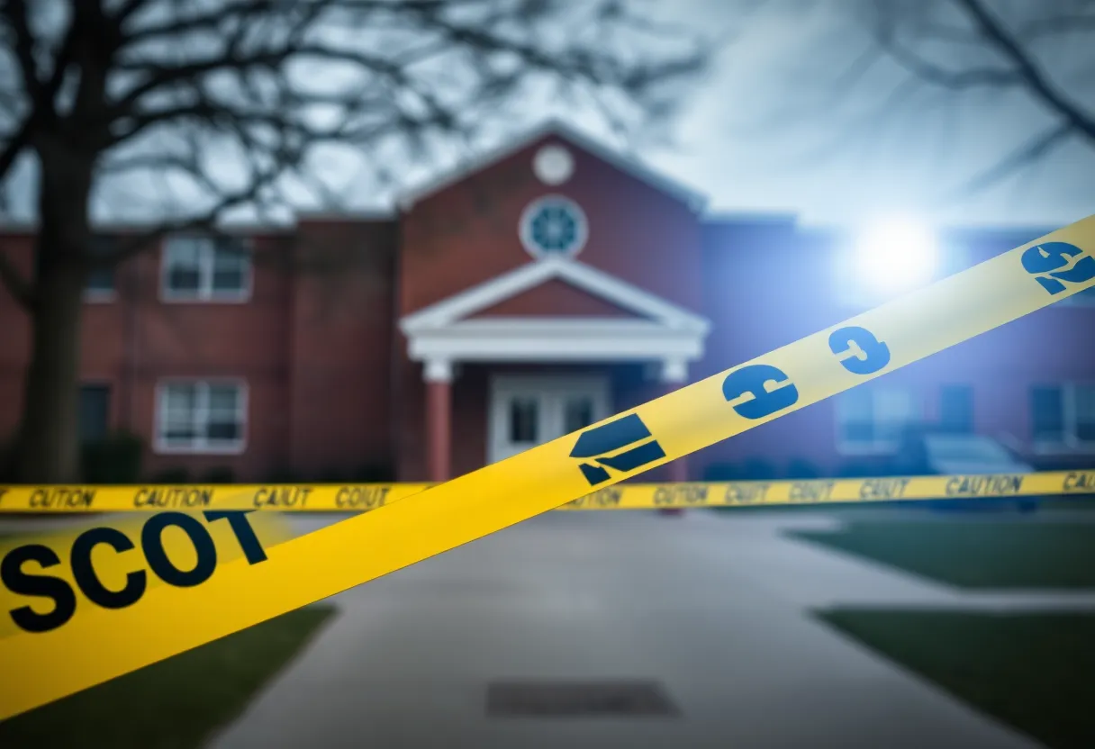 School building with caution tape symbolizing safety concerns