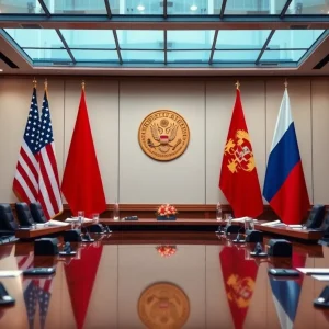 Diplomatic meeting room with U.S. and Russian flags showing nuclear arms control discussions