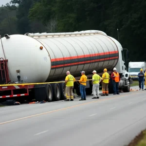 Overturned gasoline tanker truck on Jesse James Farm Road in Kearney, Missouri