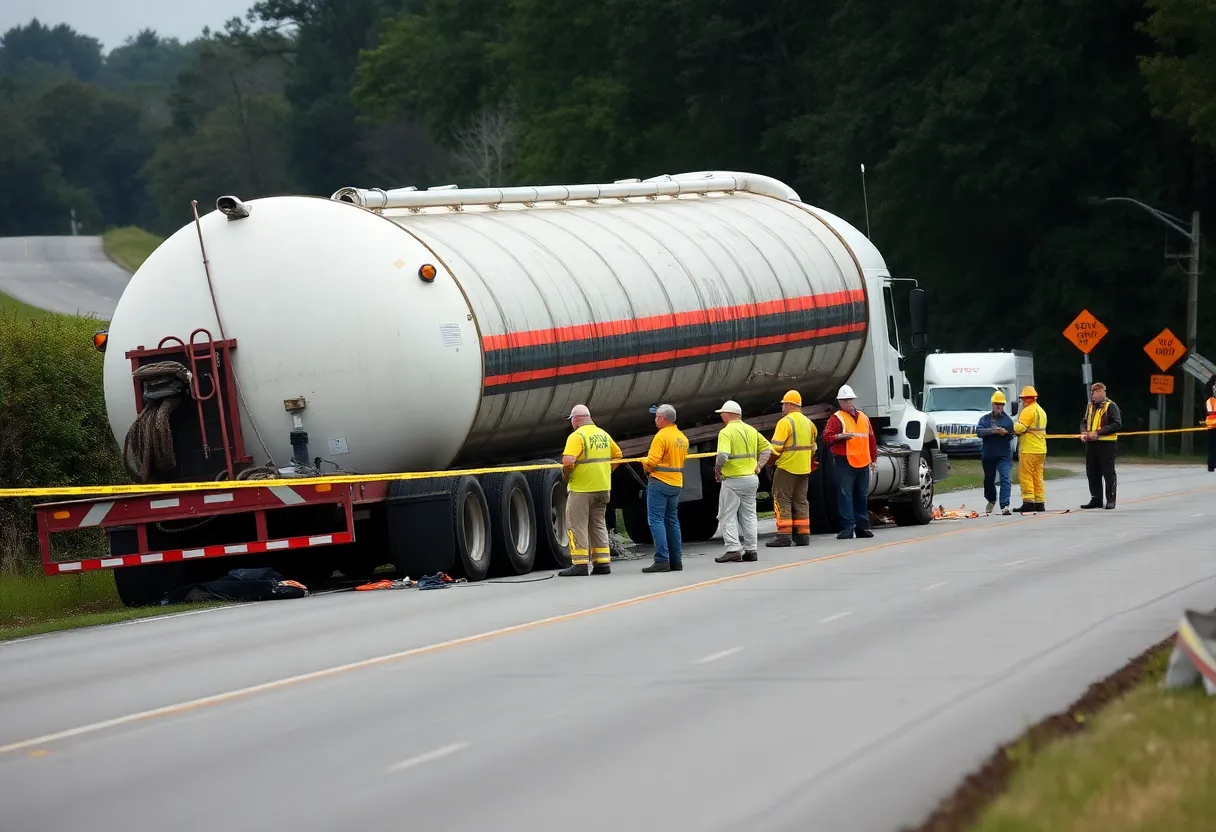 Overturned gasoline tanker truck on Jesse James Farm Road in Kearney, Missouri