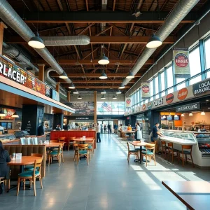 Interior of Plaza Provisions food hall featuring various dining options
