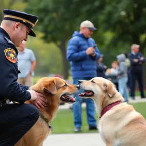 A police officer interacting with a dog in a park.