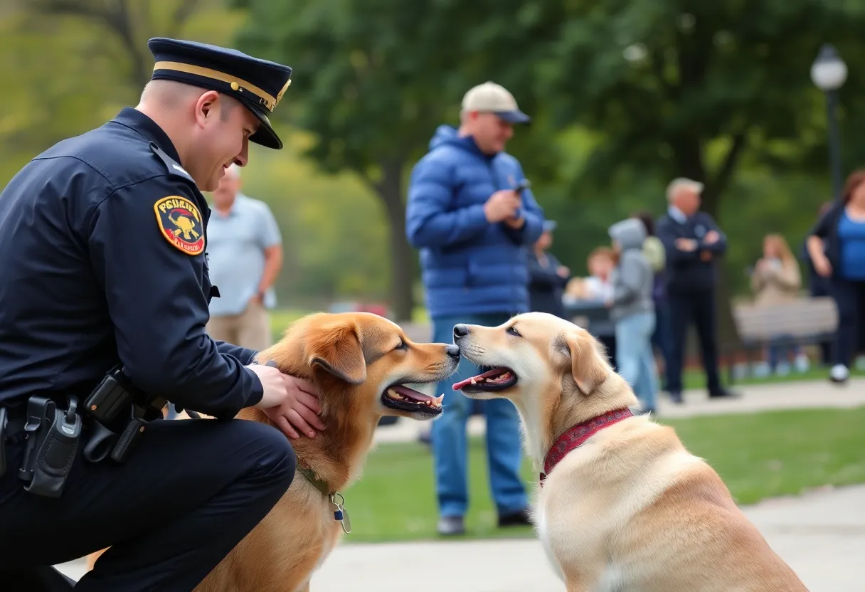 A police officer interacting with a dog in a park.