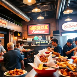 Barbecue restaurant interior with fans enjoying meals
