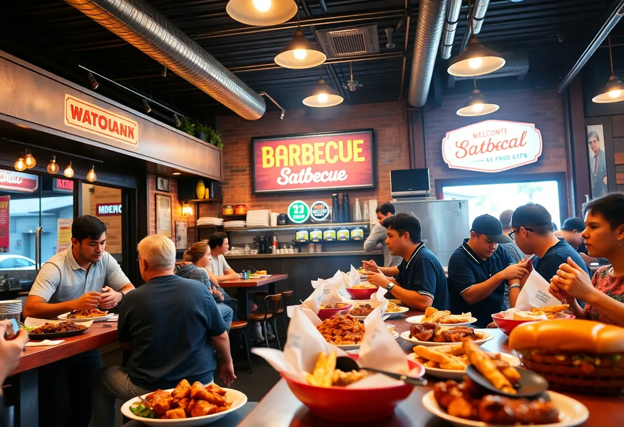 Barbecue restaurant interior with fans enjoying meals