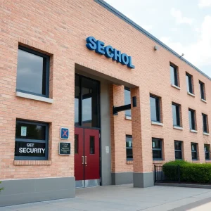 A modern school building with security features and students in a safe environment