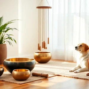 Pets relaxing during a sound bath session with calming instruments.