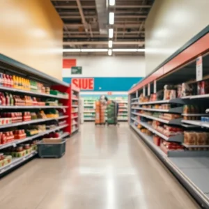 Aisle in Sun Fresh Market showing empty shelves