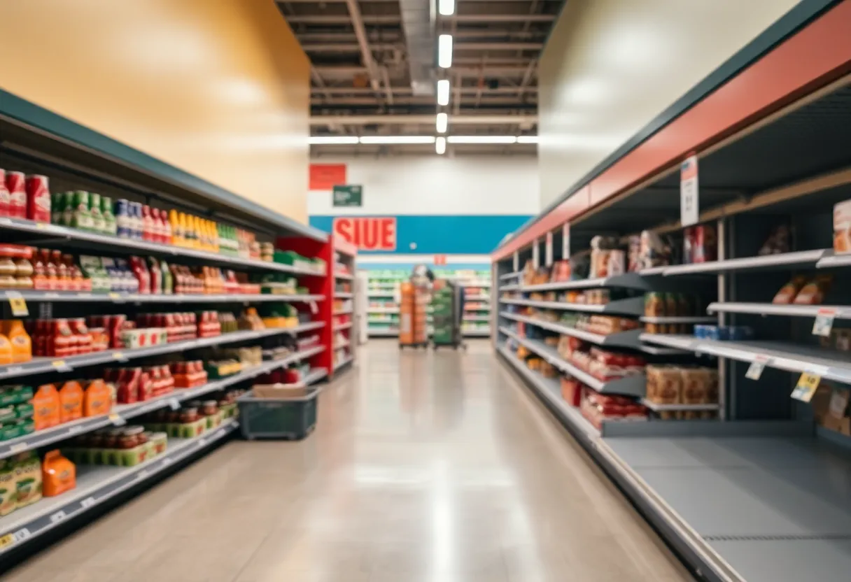 Aisle in Sun Fresh Market showing empty shelves