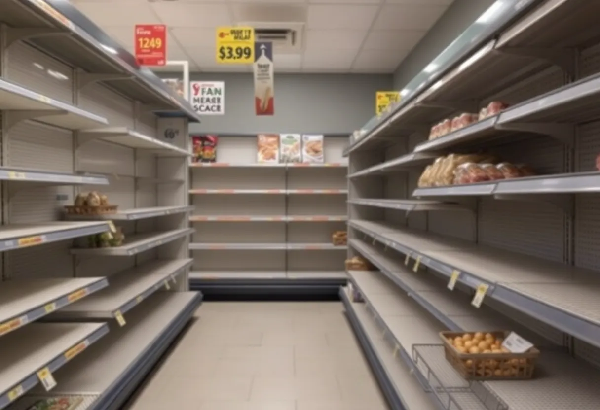 Empty shelves inside Sun Fresh Market highlighting grocery crisis.