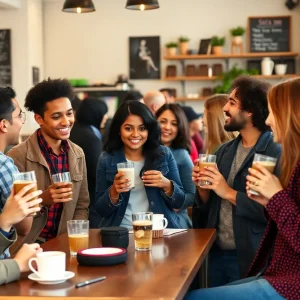 People engaging in conversation at a coffee shop