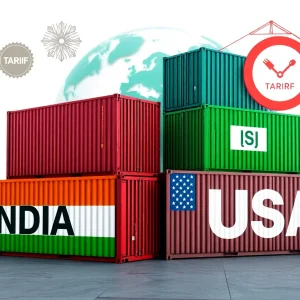Illustration of shipping containers representing US and Indian trade with tariff symbols.