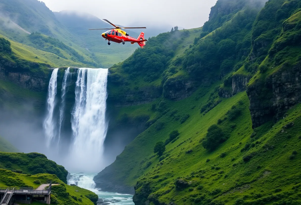 Helicopter hovering above a waterfall during a rescue operation