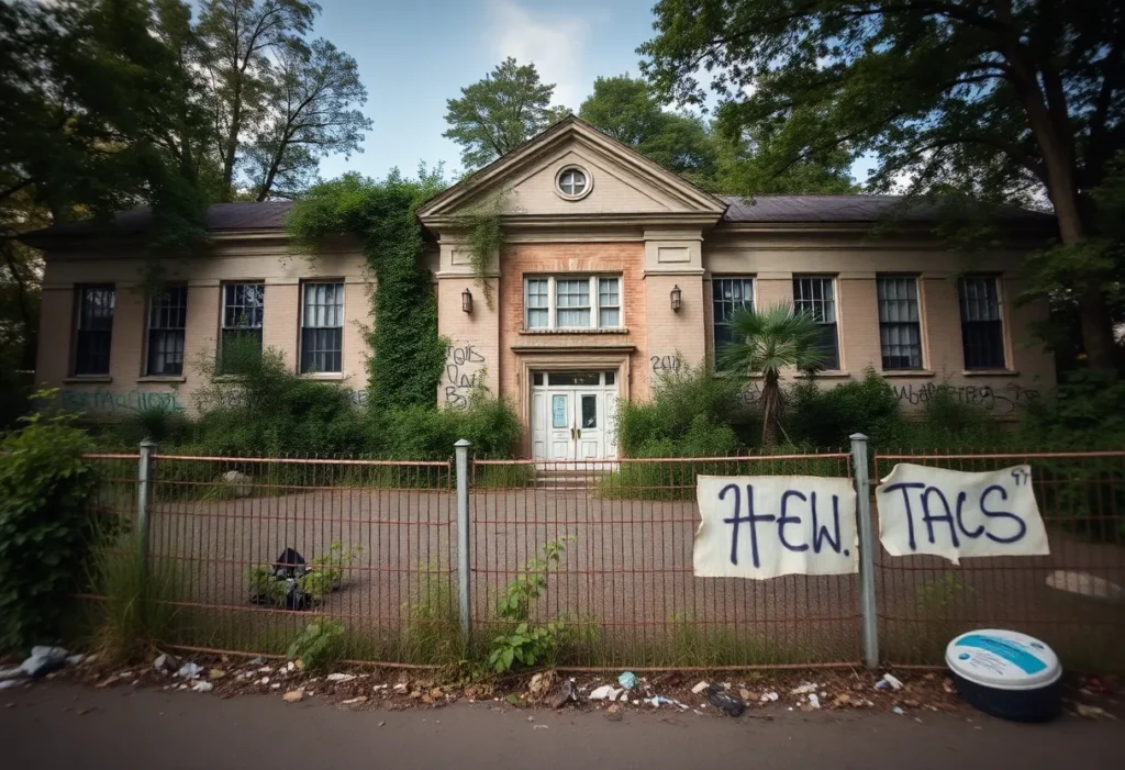 Exterior view of the abandoned Paul Robeson Middle School showcasing overgrowth and graffiti.