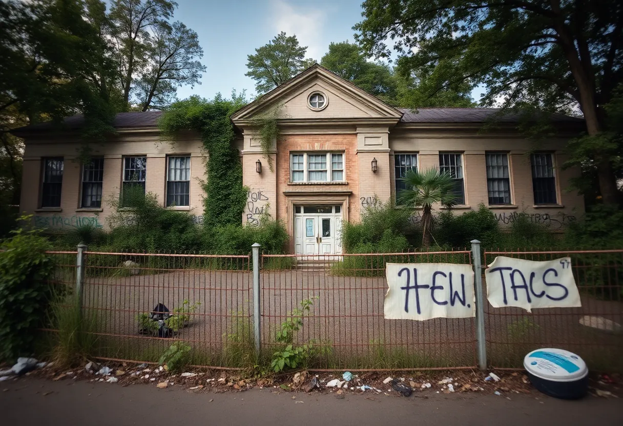 Exterior view of the abandoned Paul Robeson Middle School showcasing overgrowth and graffiti.