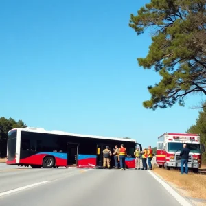 Overturned church school bus on I-29
