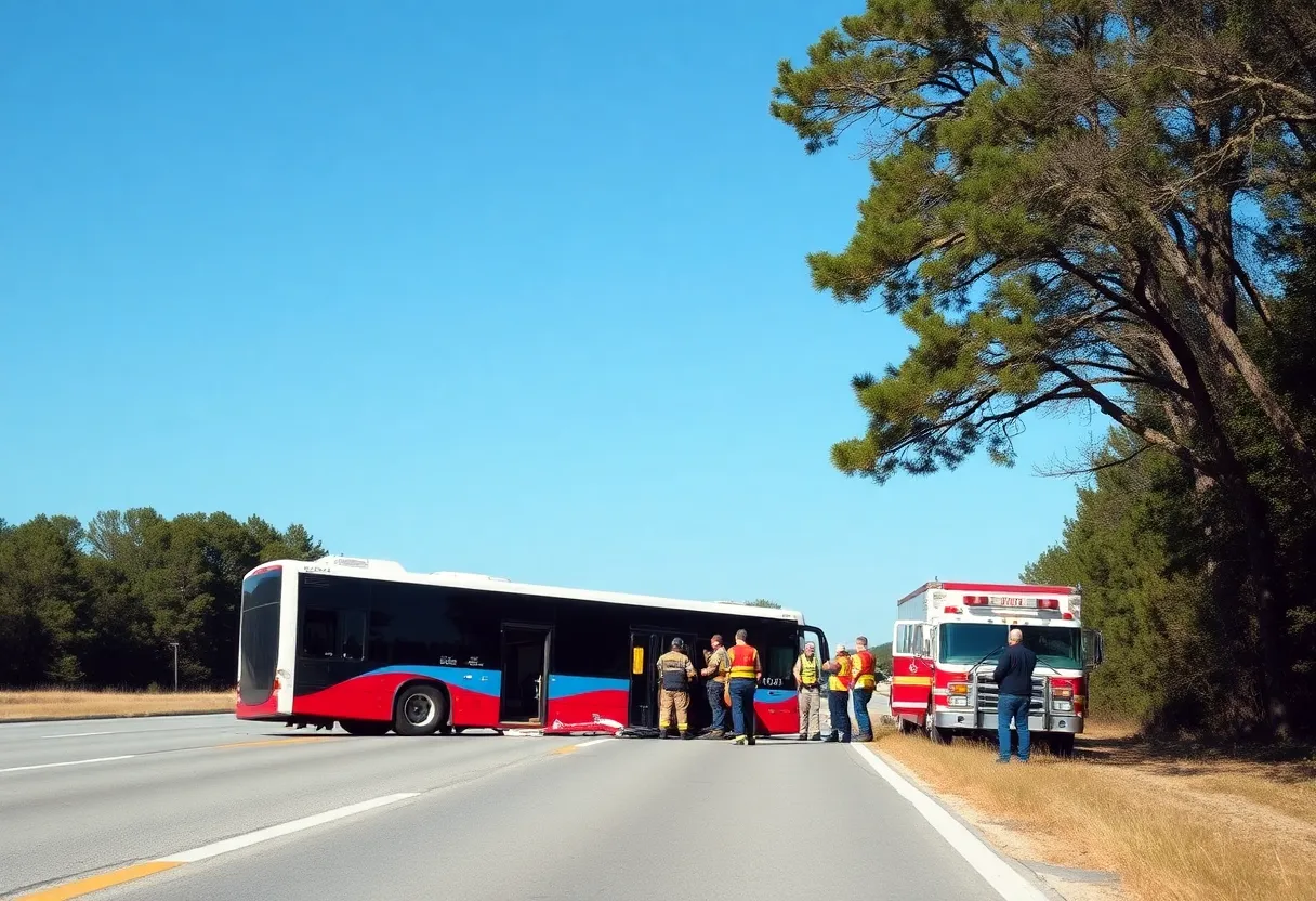 Overturned church school bus on I-29