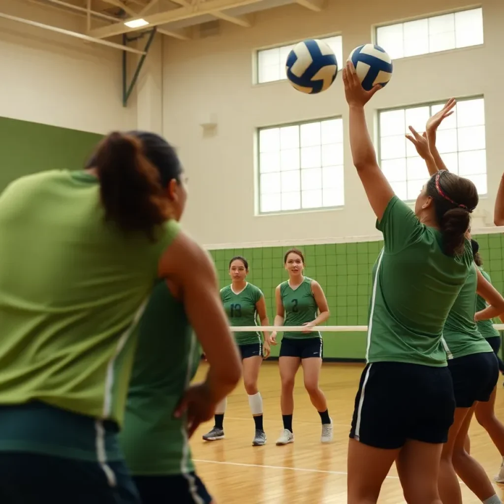 Volleyball match featuring Eastern Michigan University players competing energetically.