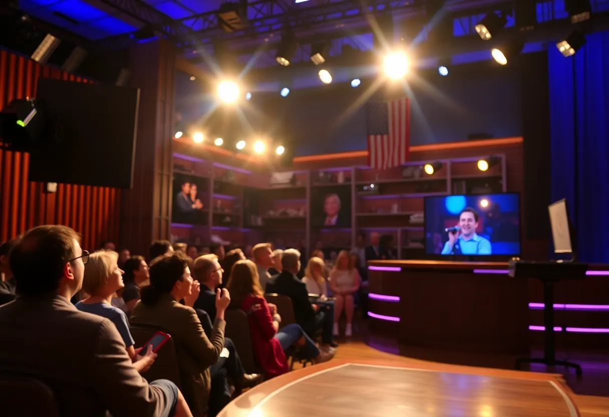 Late-night television studio with vibrant lights and a cheering audience.