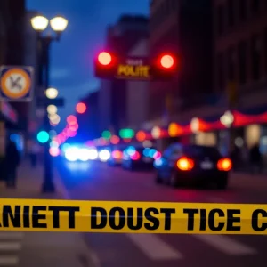 Police caution tape near a Kansas City street at night