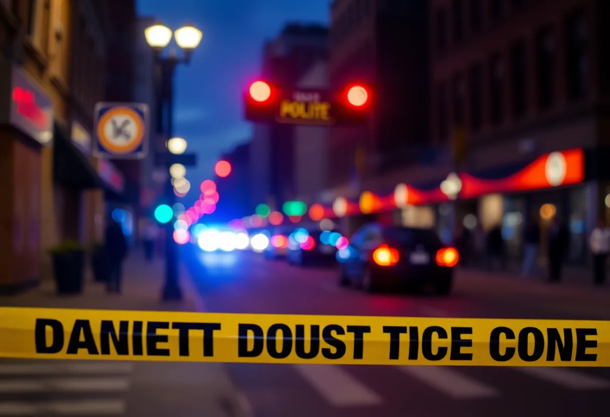Police caution tape near a Kansas City street at night