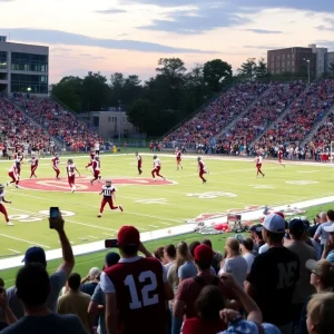 High school football game in Kansas City showing players in action and fans cheering