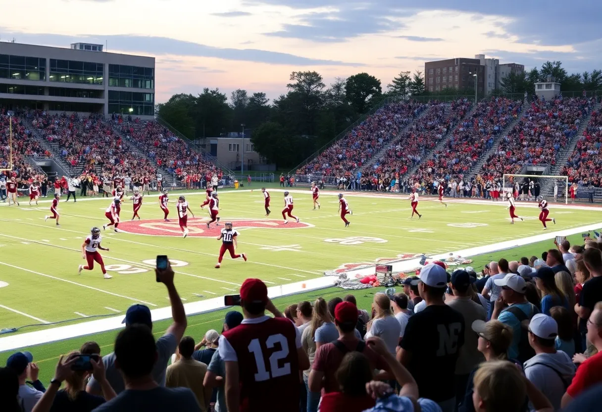 High school football game in Kansas City showing players in action and fans cheering