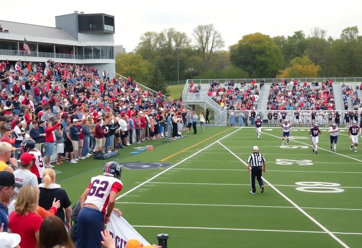 High school football players in action during a game in Kansas City.