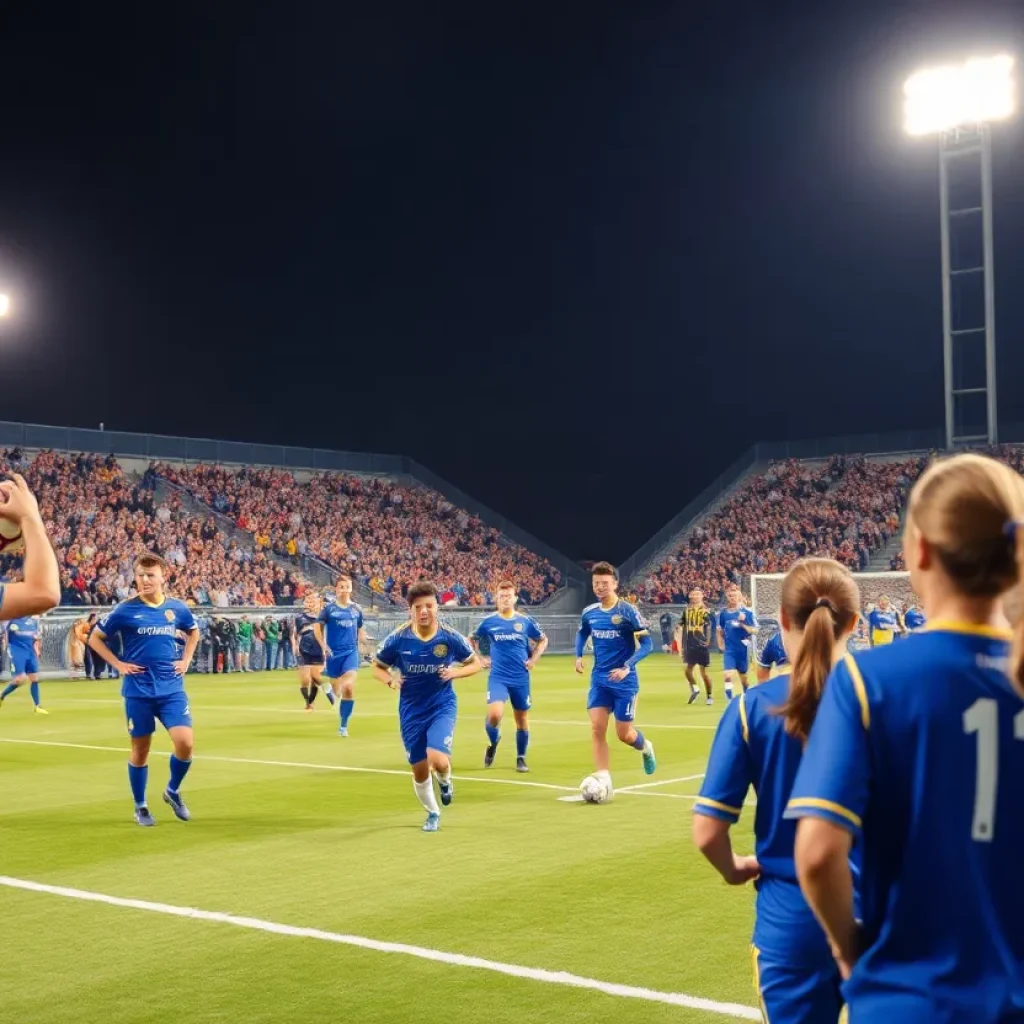 Soccer match between Kansas City and San Diego, with players in action and fans cheering.