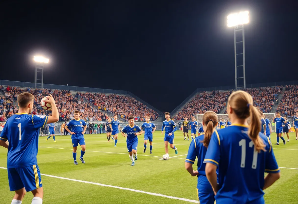 Soccer match between Kansas City and San Diego, with players in action and fans cheering.