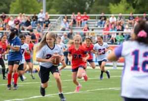 Young female athletes playing FLAG football during the Kansas High School Girls FLAG Football season.